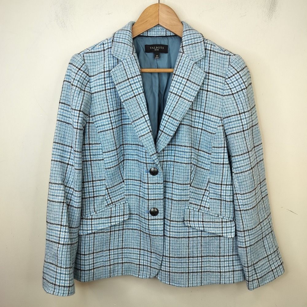 Talbots Plaid Wool Blazer 12 Petite Two Button Classic Preppy Office Blue